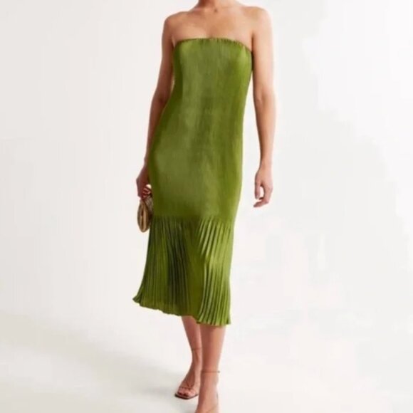 Abercrombie | Women's Strapless Pleat Release Midi Dress | Green - Picture 7 of 7